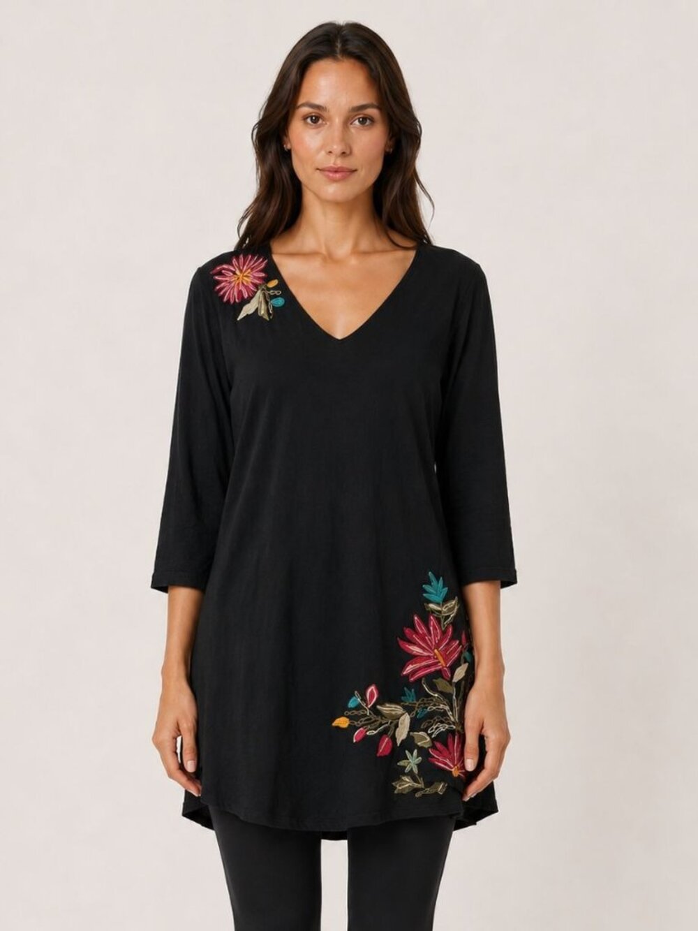 Johnny Was Los Angeles Embroidered Cotton Tunic Top Black Size XL